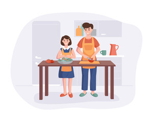Father and daughter cooking dinner at the table in the kitchen. Cartoon character concept preparing meals at home in flat style. Vector illustration