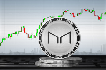 MAKER cryptocurrency; maker MKR coin on the background of the chart