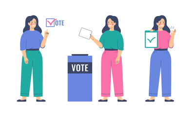 Voting and Election concept. Girl is putting paper ballot in the ballot box. Women activists are calling for votes. Pre-election campaign.