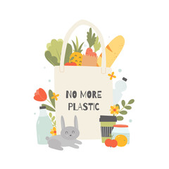 Zero waste flat drawing sticker. No plastic banner. Eco bag with vegetables. Vector concept illustration. Motivation poster, activism.  Isolated on white background.