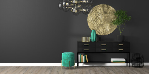 Modern, glamorous style interior mock up with art deco elements, blank black wall, console table, golden wall decoration, velvet ottoman, wooden floor. 3d render illustration.