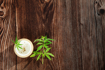 Hemp twig and cannabis cream with marijuana leaf in jar on wooden background. Concept of herbal alternative medicine, cbd oil, pharmaceptical industry, cannabis cosmetics.