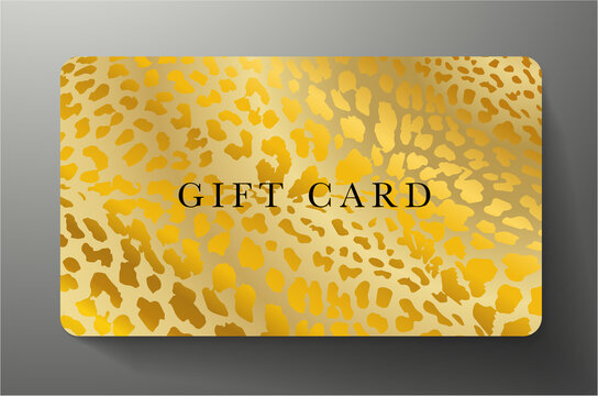 Gift card with golden leopard print background. Gold royal template useful for any luxe design, premium shopping card (loyalty card), voucher or gift coupon