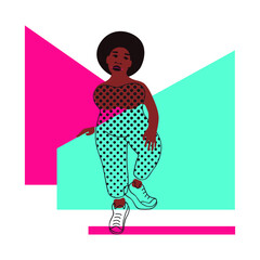 A dark-skinned woman on an abstract background in overalls. Pop Art. Stylization.