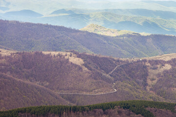 Curvy mountain road leading to the top of the hill, foreground pine tree forest and background mountain layers