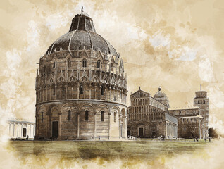 The Baptistery, Cathedral or Duomo and Leaning Tower of Pisa, sketch drawing.
