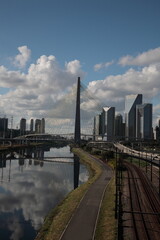 Fototapeta na wymiar Octavio Frias de Oliveira Suspension Bridge over the Pinheiros River and Sao Paulo city skyline, Brazil 