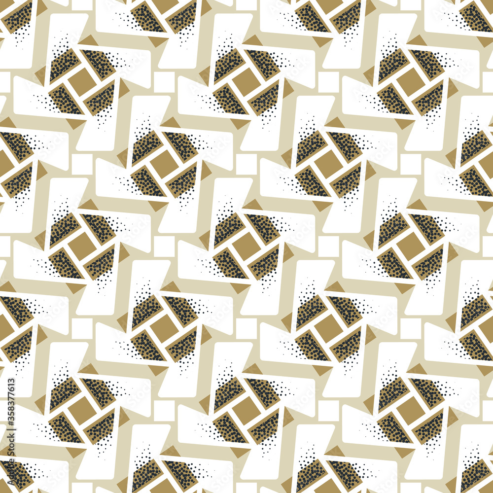Poster Abstract seamless pattern of rotating geometric shapes with dots texture.