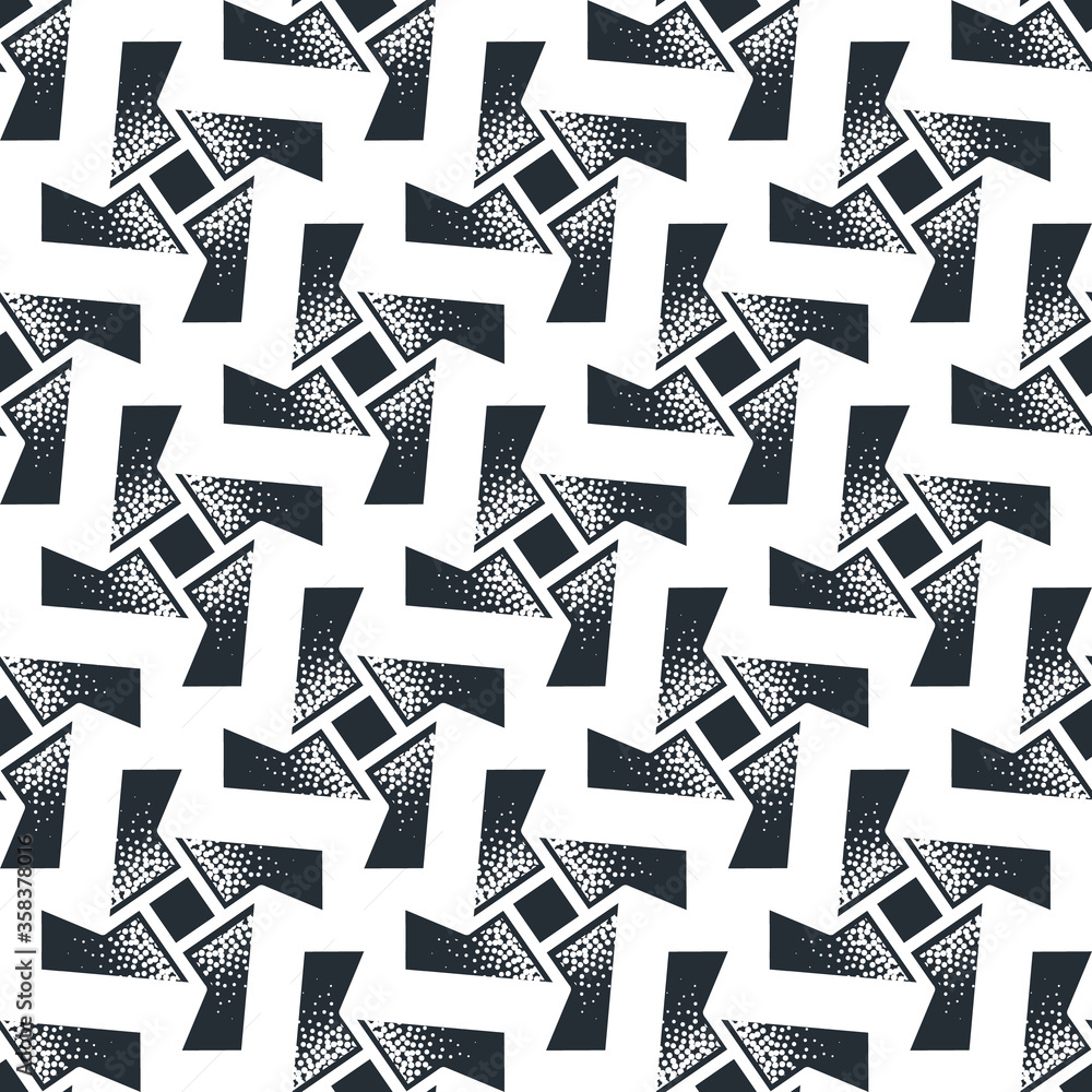 Poster abstract seamless pattern of rotating geometric shapes with dots texture.