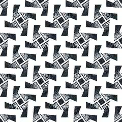Abstract seamless pattern of rotating geometric shapes with dots texture.