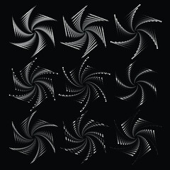 Set of white halftone dots. Vortex form. Design element for logo, tattoo, sign, symbol, web pages, prints, posters, template, monochrome pattern and abstract background