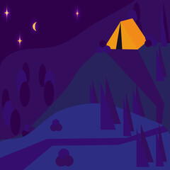 Camping in woods. Overnight in tent. Mountains, trees, stars, moon. Summer outdoor vacation. Vector illustration in flat style, for travel hiking advertising design, banner.