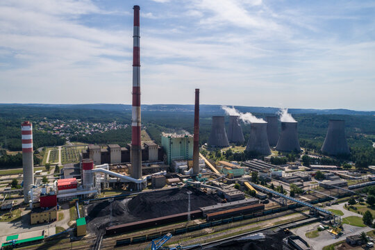 Chimneys and big heating plant powerhouse Siersza Trzebinia Poland aerial drone