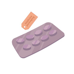 Medical drug package for tablet: vitamin, antibiotic, aspirin. Vector cartoon flat illustration isolated on white.