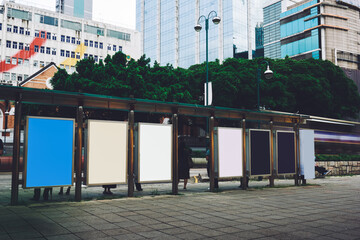 Bus station billboards with blank copy space posters for advertising text message or promotional...