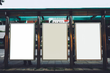 Bus station billboards with blank copy space posters for advertising text message or promotional...