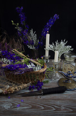 Wiccan altar with instruments and ingredients