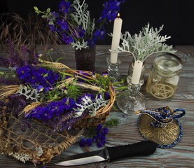 Wiccan altar with instruments and ingredients