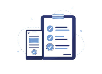 Vector illustration of a to-do list and mobile phone. List of work performed, preparation of the questionnaire, filling out documents. Confirmation of information. Blue notebook, tablet. Eps 10