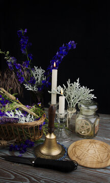 Wiccan altar with instruments and ingredients