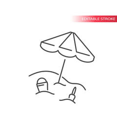 Beach umbrella with shovel and bucket in the sand thin line vector icon. Summer symbol, outline, editable stroke.