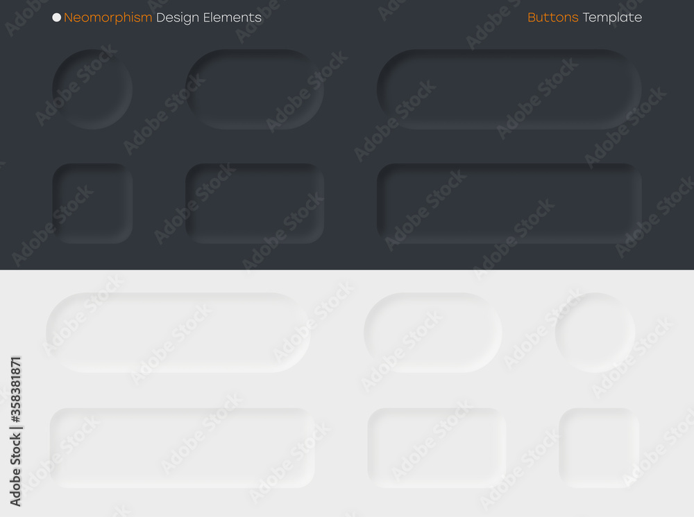 Poster Neomorphic buttons set. Neomorphism design elements for websites, mobile application, social network and other UI. Collection of white and black buttons with shadow and light effects. Vector.