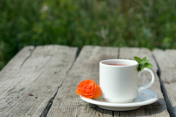 Coffee composition  with  white cup    of coffe and  orange  flower  and fresh leaf of mint on wooden rustic  table and green tree