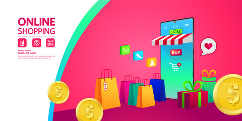 Shopping Online on Website or Mobile Application vector illustration.