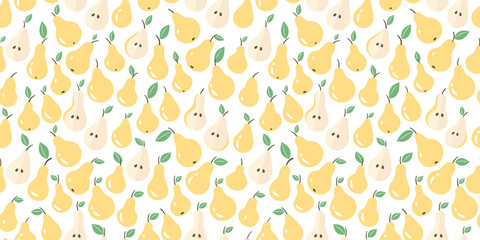 Fruit seamless pattern of pears with green foliage. Vector illustration on a white background.