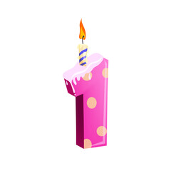 Number one candle illustration. Pink, cake candle, festival. Birthday concept. illustration can be used for topics like special day, celebration, festive cake