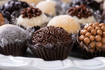 Brigadeiro. Typical Brazilian sweet. Many types of brigadiers together