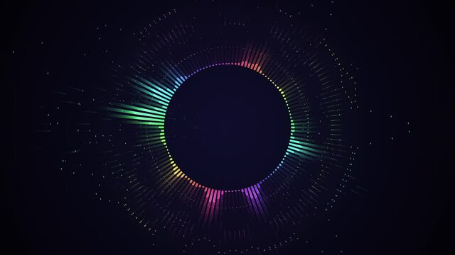 Bright glowing radial or circular equalizer animation. Visualization of recording and playback of sound, voice, music. Audio waveform with flowing dotts. Technological 4K loop in neon rainbow colors