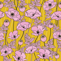 Poppy bloom floral. Vector repeat pattern. Great for home decor, wrapping, fashion, scrapbooking, wallpaper, gift, kids, apparel.