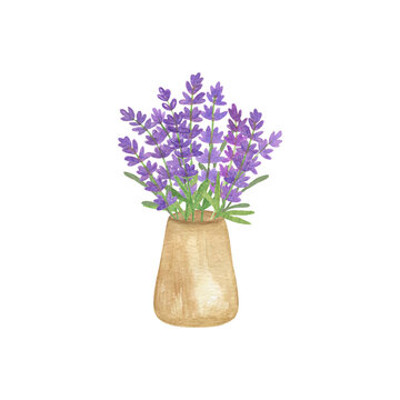 Watercolor illustration of tender lavender flowers in a vintage rustic vase image for greeting cards invitations textile travel articles, symbol of French Provence