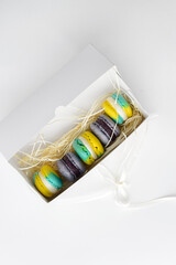 fresh homemade macarons in a gift box