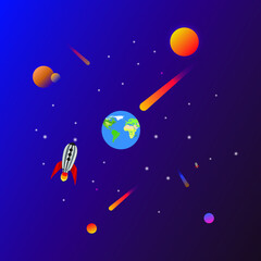 Space background with rocket, poster, print, vector illustration
