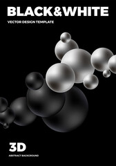 Minimal modern poster or cover design template with 3d black and white balls. Trendy abstract background. Vector illustration. 