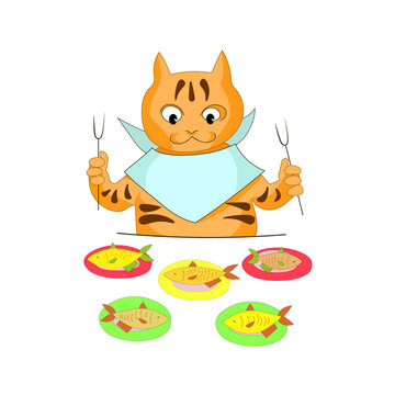 Hungry cat is going to eat fish. Vector image.