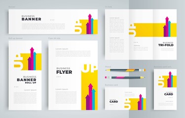 Up arrows theme Set flyer cover, tri-fold, banner, roll up banner, business card yellow colora