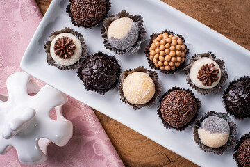 Brigadeiro. Typical Brazilian sweet. Many types of brigadiers together.Top View