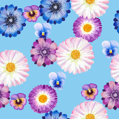 Anemones and pansies seamless pattern