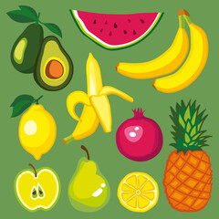 Vector set with fruits: avocado, watermelon, banana, lemon, pomegranate, apple, pear, pineapple