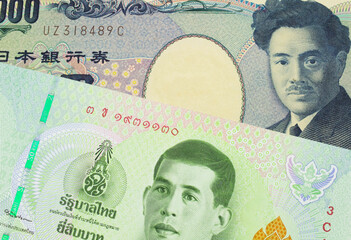 A macro image of a Japanese thousand yen note paired up with a blue and white fifty rupee bank note...