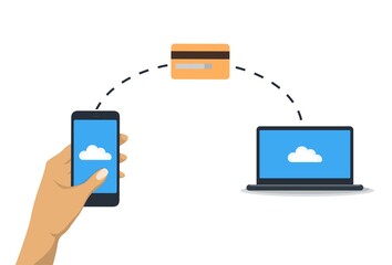 Data exchange via cloud technology, smartphone in a hand, vector illustration