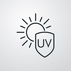 Concepto vacaciones de verano. Crema solar. Icono plano lineal palabra UV en escudo con sol en fondo gris