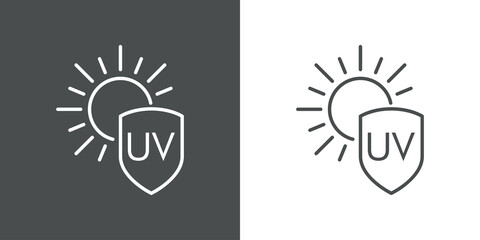 Concepto vacaciones de verano. Crema solar. Icono plano lineal palabra UV en escudo con sol en fondo gris y fondo blanco © teracreonte