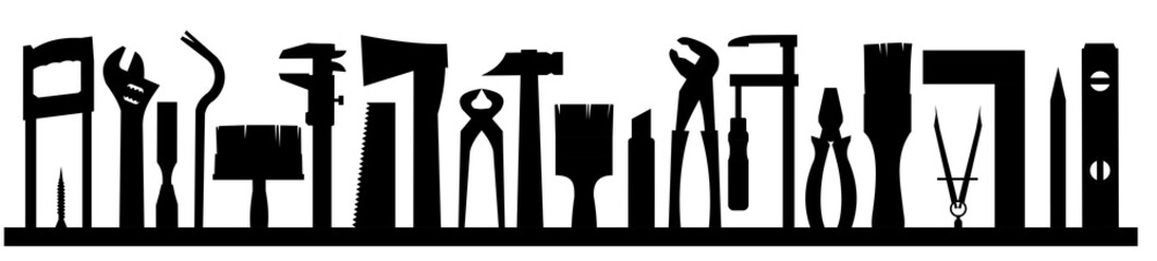 Tools silhouette background vector. Isolated on white. Instruments of a carpenter, joiner, locksmith, handyman. Rent, sale.