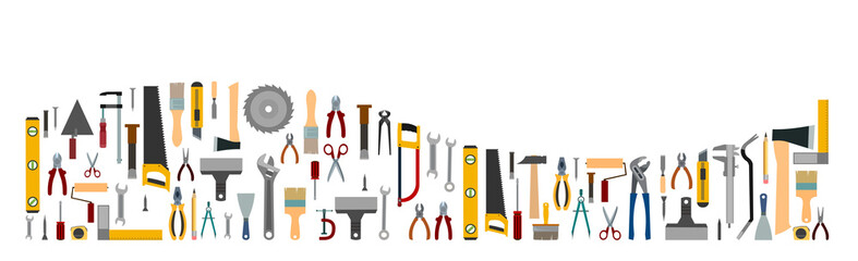 Tools background vector. Isolated on white. Instruments of a carpenter, joiner, locksmith, handyman. Flat style. Set. Located by the wave. Rent, sale.