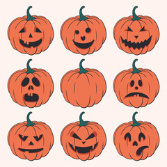 Halloween set of isolated pumpkins. Vector illustration