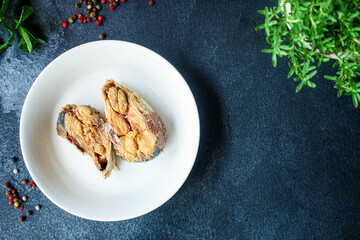 canned fish mackerel Menu concept healthy food background top view copy space keto or paleo diet pescetarian